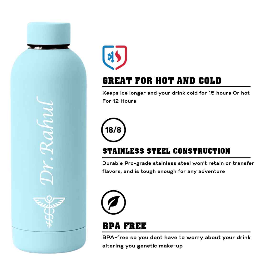 Custom Insulated Water Bottles for Doctors - Stainless Steel, BPA-Free, Leakproof Water Bottles for Travel, Hospital, Gym, and Home