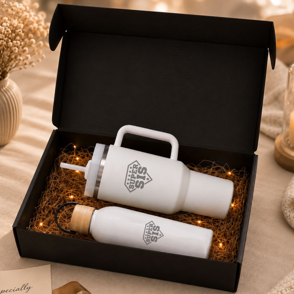 Hydration Rakshabandhan with a Fairy Light Gift Box Set | Useful Gift for Sister | 1200ml Insulated Tumbler Mug & 500ml Stainless Steel insulated Water Bottle