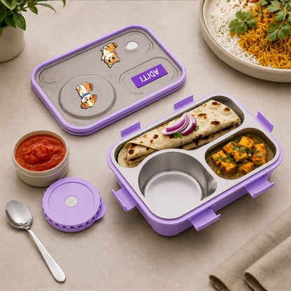 Personalized Kids Stainless Steel Lunch Box with Sealed Bowl | 3 Compartment Leakproof Tiffin Box with bowl