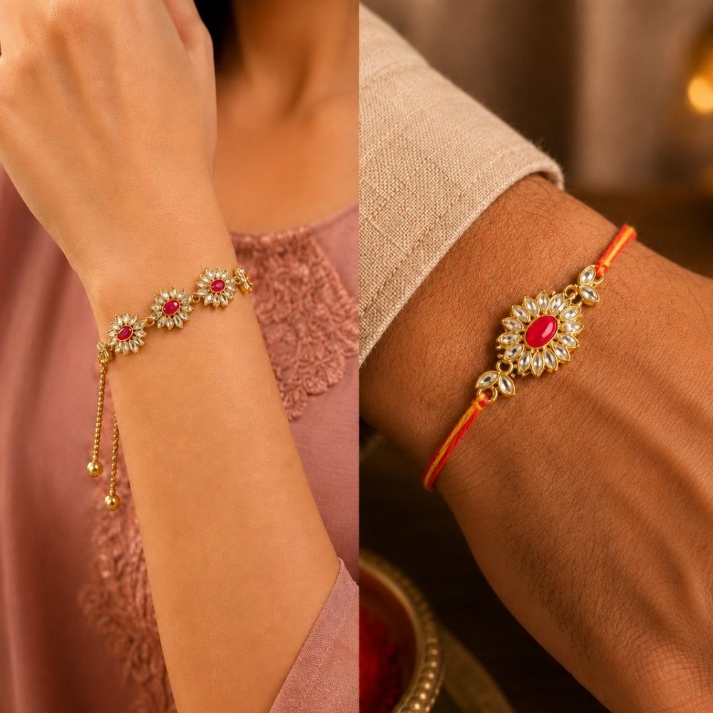 Bhaiya Bhabhi Rakhi Gift Box with 500ml Insulated Water Bottles, Kundan Rakhi & Lumba Bracelet