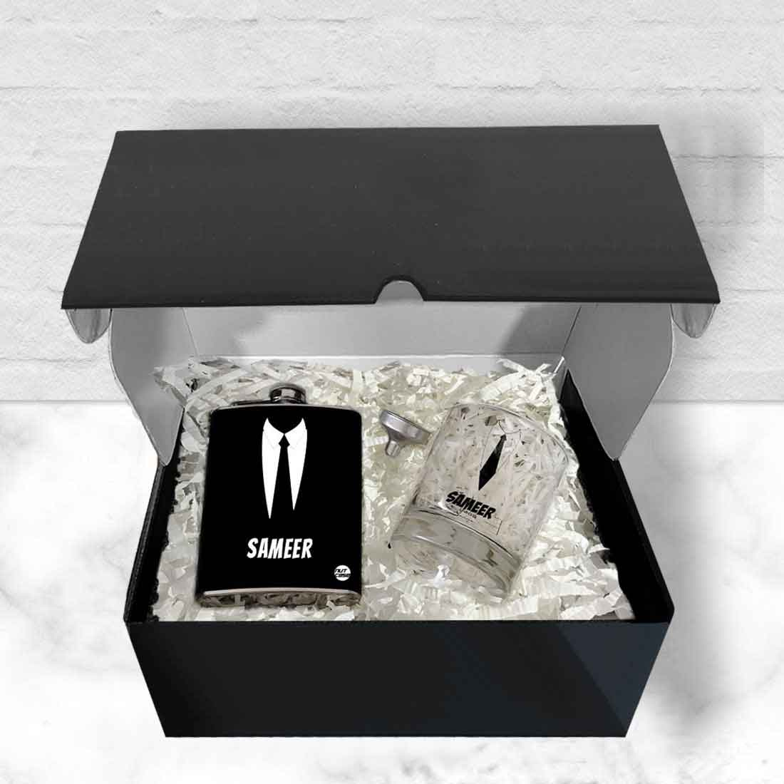 Personalized Whiskey Glass Hip Flask Gift Set Box - Suit Up