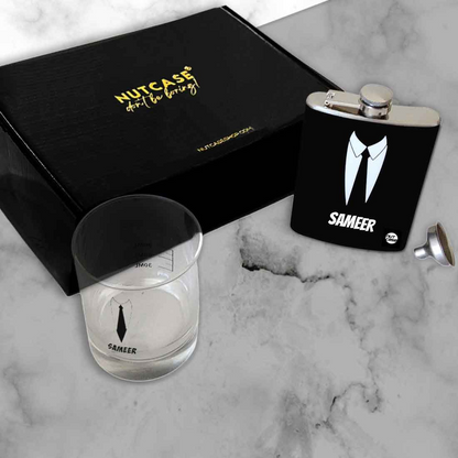 Personalized Whiskey Glass Hip Flask Gift Set Box - Suit Up