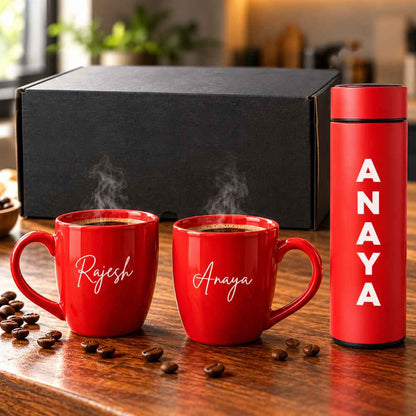 Custom Red Mugs with Red Flask Gift Set-2 Pcs Red Ceramic Coffee Mugs & 500ml Smart LED Temperature Display Coffee Flask Combo