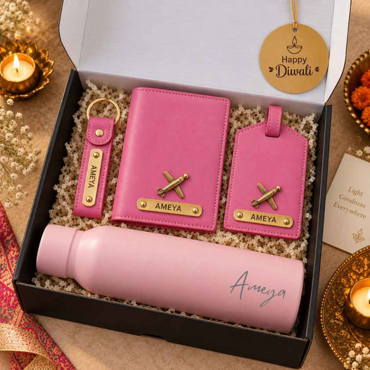 Personalized Corporate Diwali Gift Set for Employees – PU Leather Passport Cover, Luggage Tag, Keychain & Double-Insulated Bottle
