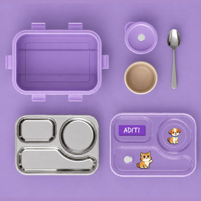 Personalized Kids Stainless Steel Lunch Box with Sealed Bowl | 3 Compartment Leakproof Tiffin Box with bowl