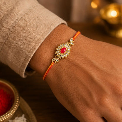 Bhaiya Bhabhi Rakhi Gift Box with 500ml Insulated Water Bottles, Kundan Rakhi & Lumba Bracelet