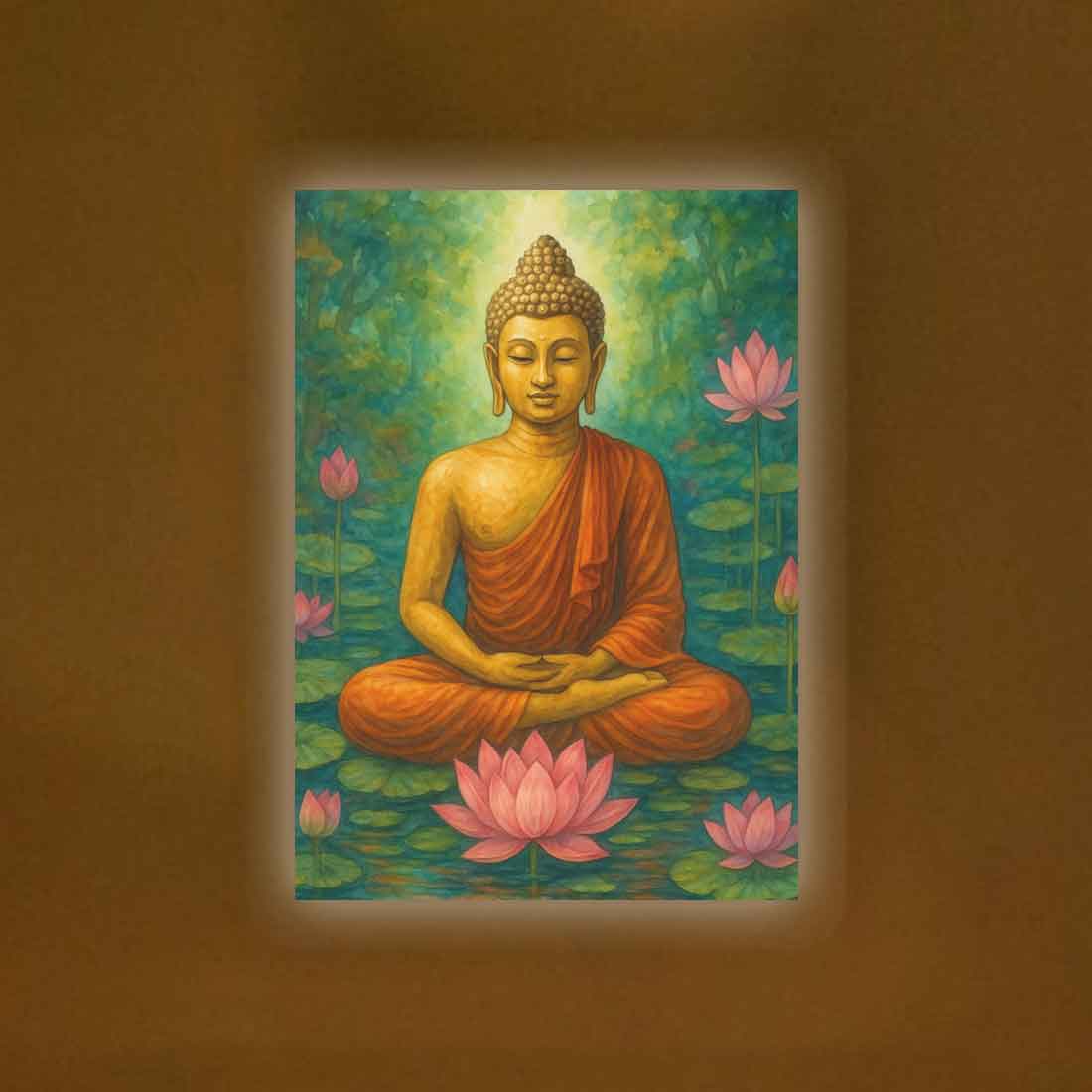 Gautam Buddha Photo Frame with LED Light – Premium Acrylic Wall Art for Elegant Home & Office Décor