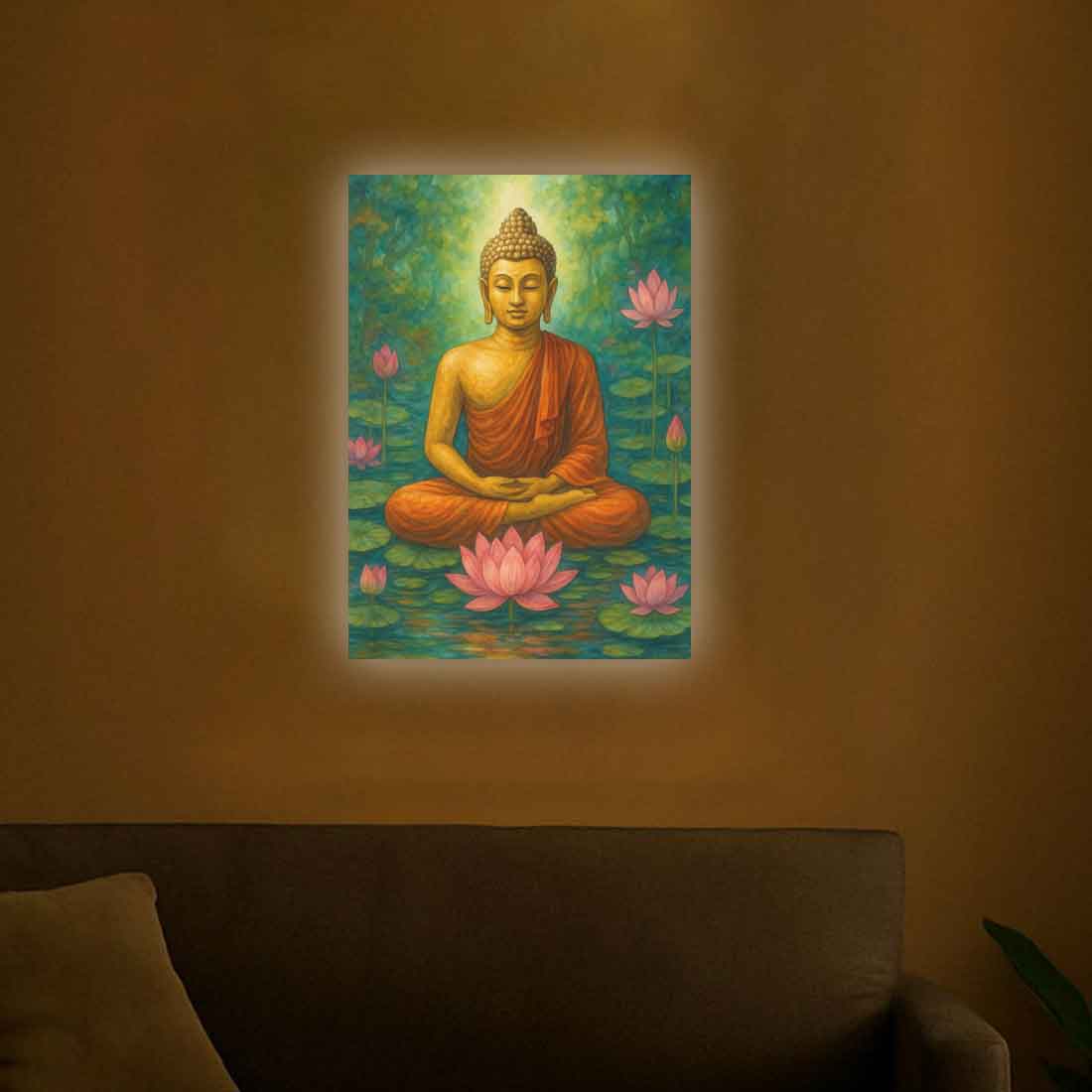 Gautam Buddha Photo Frame with LED Light – Premium Acrylic Wall Art for Elegant Home & Office Décor