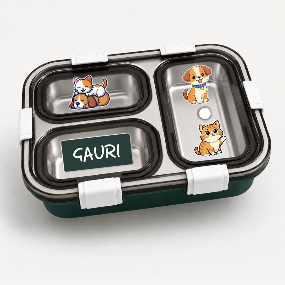Personalized Kids Stainless Steel Lunch Box | Custom Name 3 Compartment Leakproof Tiffin Box