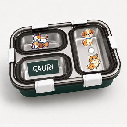 Personalized Kids Stainless Steel Lunch Box | Custom Name 3 Compartment Leakproof Tiffin Box