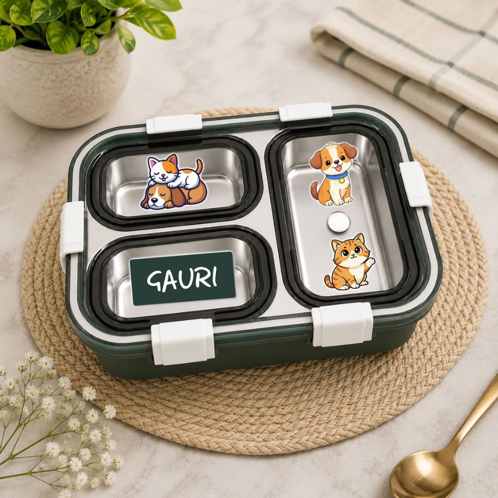 Personalized Kids Stainless Steel Lunch Box | Custom Name 3 Compartment Leakproof Tiffin Box