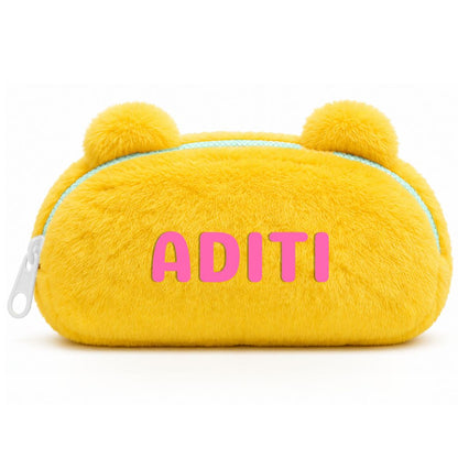 Personalised Pencil Pouch with 3D Ears & Custom Name | Birthday Gift for Kids | Plush Faux Fur