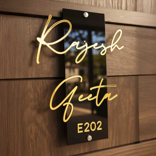 Name Plate for Home | Premium Acrylic Name Plate with Black Base & Golden Initials for Home and Office