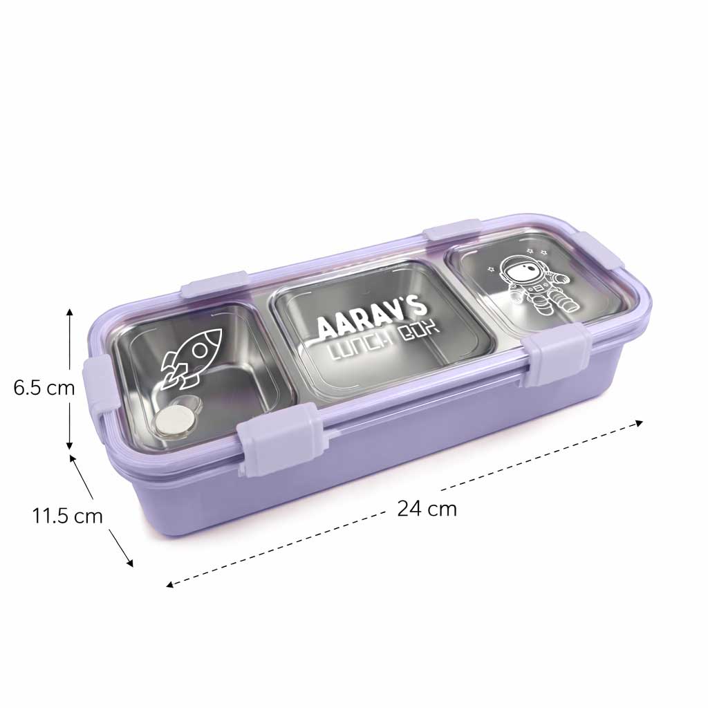 Personalized Stainless Steel Tiffin Box for Kids - 3 Compartment Leak-Proof Lunch Box with Metal Spoon & Cutlery Slot