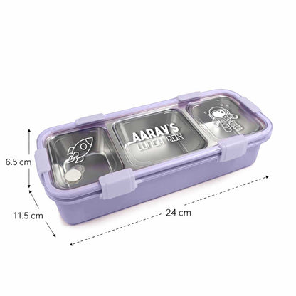 Personalized Stainless Steel Tiffin Box for Kids - 3 Compartment Leak-Proof Lunch Box with Metal Spoon & Cutlery Slot