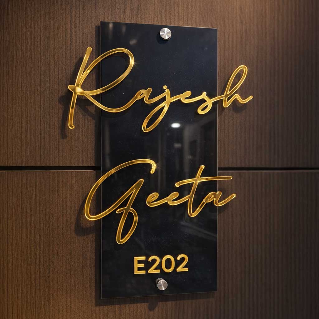 Name Plate for Home | Premium Acrylic Name Plate with Black Base & Golden Initials for Home and Office