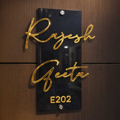 Name Plate for Home | Premium Acrylic Name Plate with Black Base & Golden Initials for Home and Office