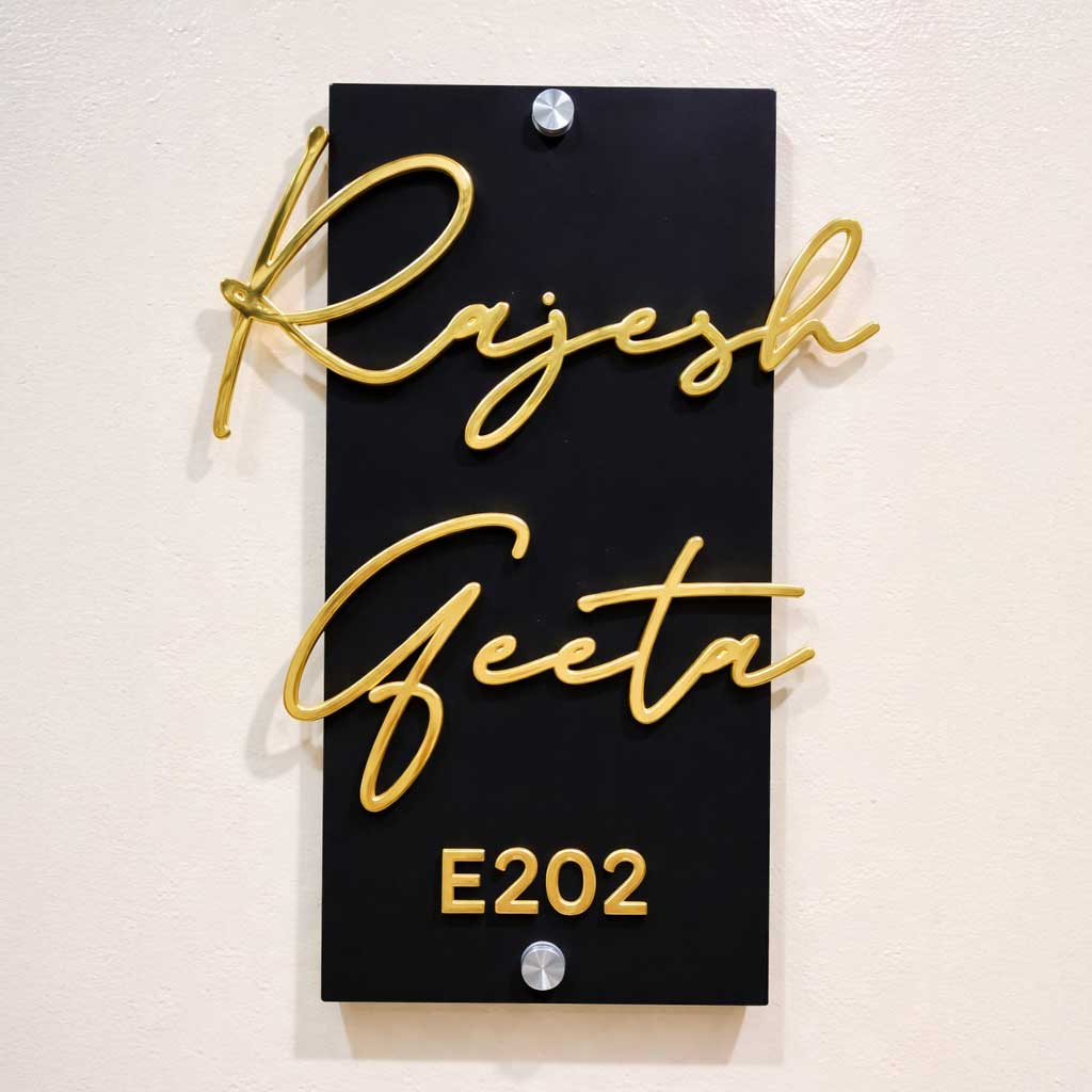 Name Plate for Home | Premium Acrylic Name Plate with Black Base & Golden Initials for Home and Office