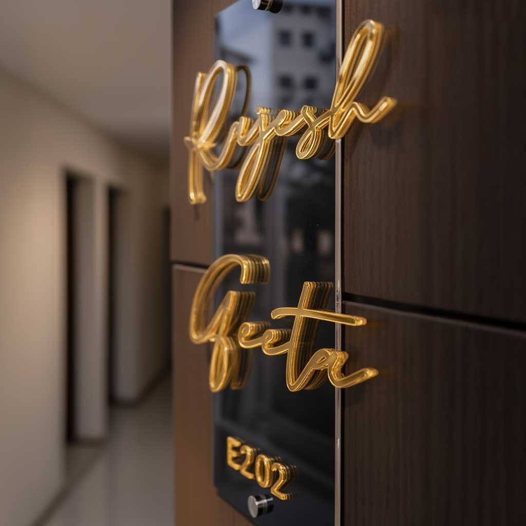 Name Plate for Home | Premium Acrylic Name Plate with Black Base & Golden Initials for Home and Office