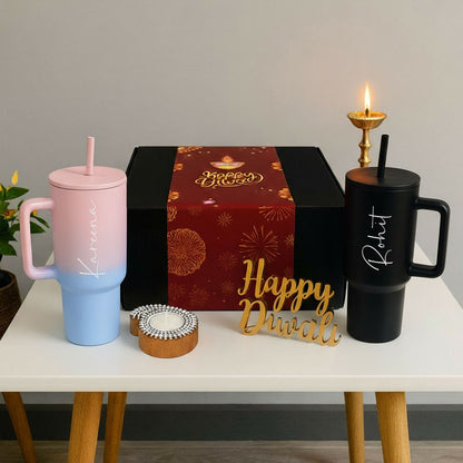Personalized 1200ml Insulated Tumbler– Diwali Gift Set for Couples | Engraved Travel Mug With Straw
