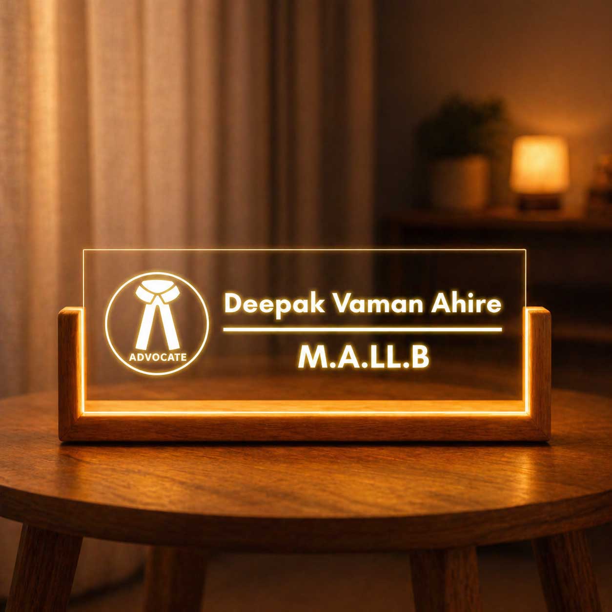 Custom Wooden LED Desk Name Plate – Lawyer Desk Name Plaque
