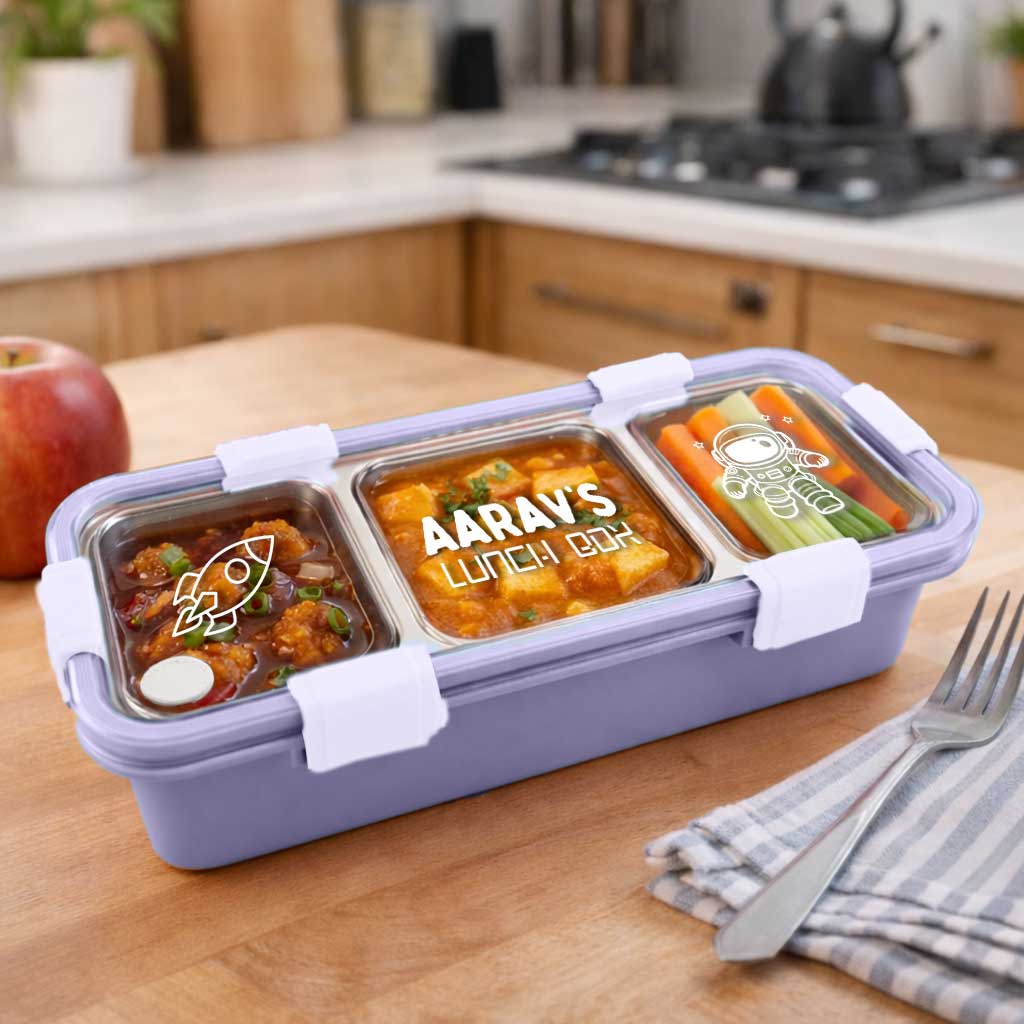 Personalized Insulated Tiffin Box Stainless Steel 3 Compartment Leak-Proof Lunch Box