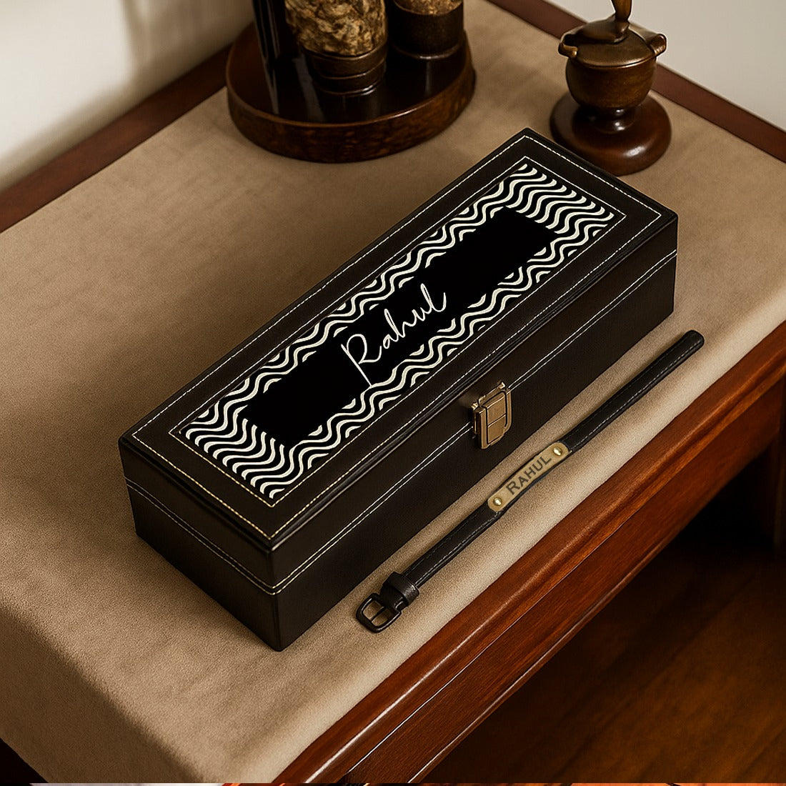 Rakhi Gift for Bother Wrist Watch Organiser with Name- Black PU Leather Watch Collection with 6-Slots