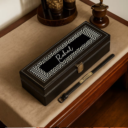 Rakhi Gift for Bother Wrist Watch Organiser with Name- Black PU Leather Watch Collection with 6-Slots