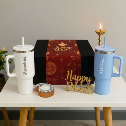 Personalized 1200ml Insulated Tumbler– Diwali Gift Set for Couples | Engraved Travel Mug With Straw