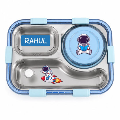 Personalized Kids Stainless Steel Lunch Box with Sealed Bowl | 3 Compartment Leakproof Tiffin Box with bowl