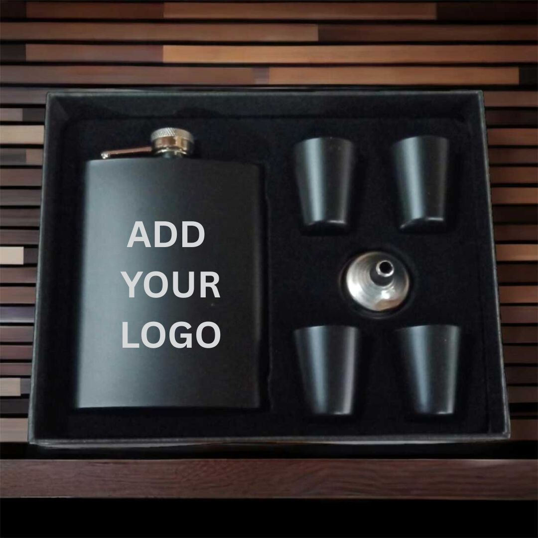 Personalized Engraved Hip Flask With Funnel And 4 Shot Glasses In Gift Box  - Add Logo