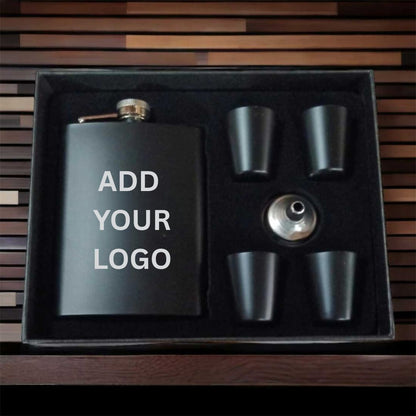 Personalized Engraved Hip Flask With Funnel And 4 Shot Glasses In Gift Box  - Add Logo