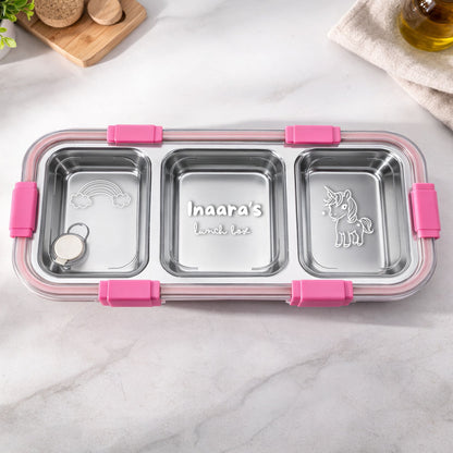 Personalized Stainless Steel Tiffin Box for Kids - 3 Compartment Leak-Proof Lunch Box with Metal Spoon & Cutlery Slot