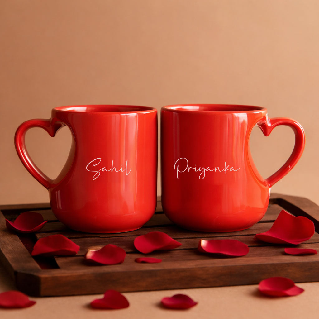Personalized Coffee Mugs for Couple - Red Heart Handle Cups Gift for Valentine, Anniversary & Birthday