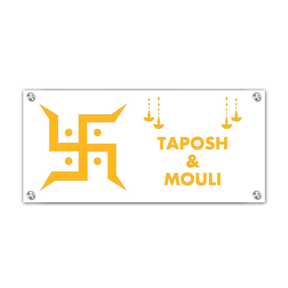 Swastik Name Plate Hindu NamePlates for Home Flats Bungalows - Beautiful Nameplates in White, Golden & Silver-16x7”