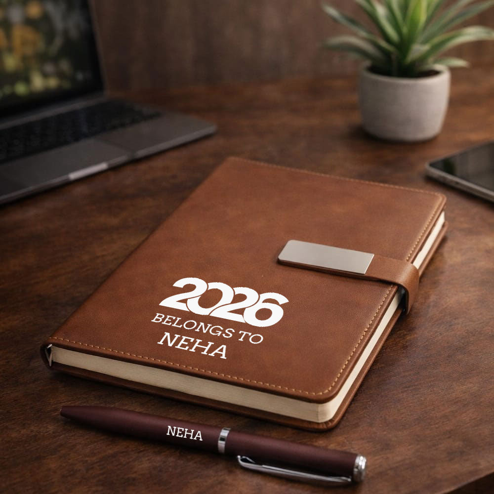 Custom Diary with Matching Engraved Pen | Premium Leatherette Diary with Name Black Gift Box