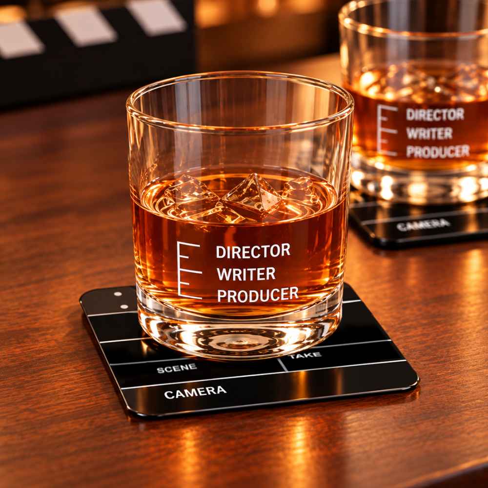 Movie-Themed Gift Set for Film Industry – Funny Peg Measure Glasses Set of 2 & Clapboard Metal Coasters Set of 4 - Filmy