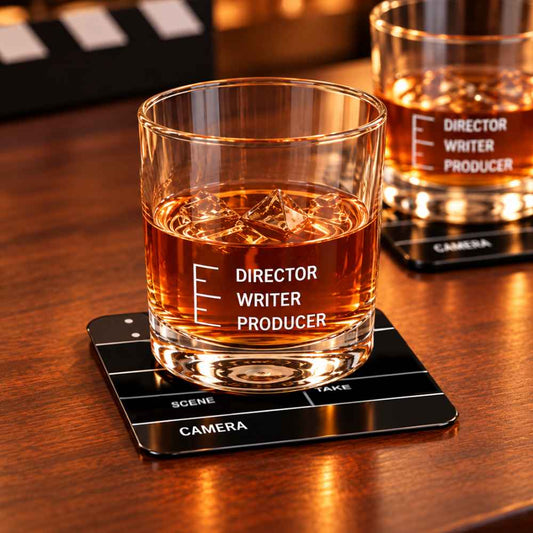 Movie-Themed Gift Set for Film Industry – Funny Peg Measure Glasses Set of 2 & Clapboard Metal Coasters Set of 4 - Filmy