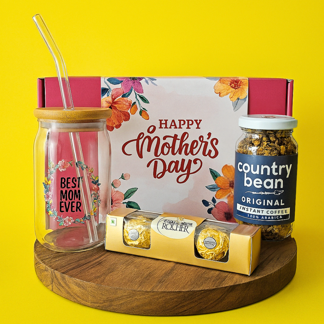 Mother’s Day Gift Box – Glass Jar with Straw, 100% Arabica Coffee & Ferrero Rocher Chocolate Combo for Mom