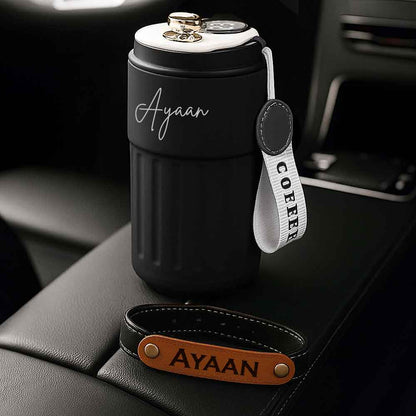 Personalized Rakhi Gift for Brother – Insulated Coffee Mug & Leather Bracelet