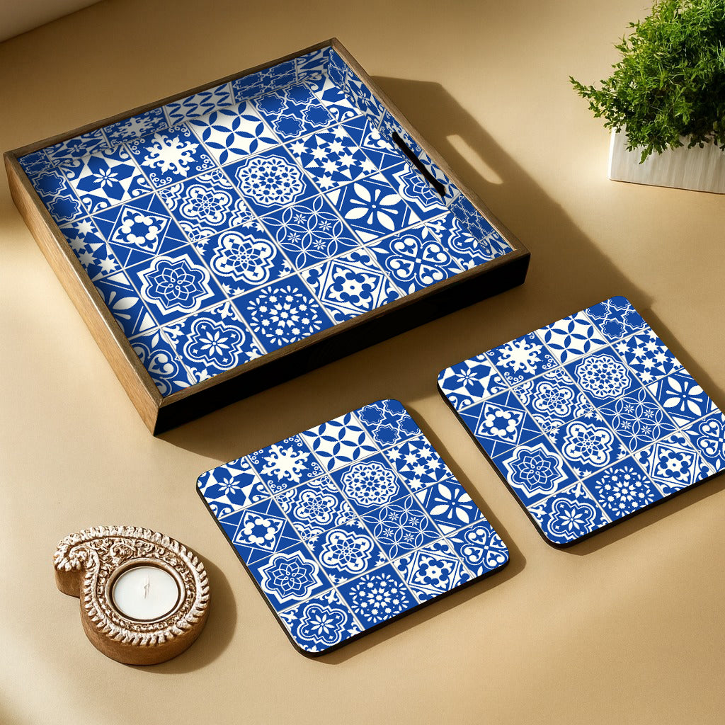 Festive MDF Wooden Tray with 4 Metal Coasters & Decorative Candle Diya – Diwali Gift Set