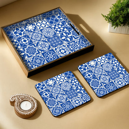 Festive MDF Wooden Tray with 4 Metal Coasters & Decorative Candle Diya – Diwali Gift Set