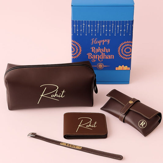 Personalized Raksha Bandhan Gift Set for Brother - Faux Leather Pouch, Wallet, Glass Holder & Rakhi - Available in Black & Brown