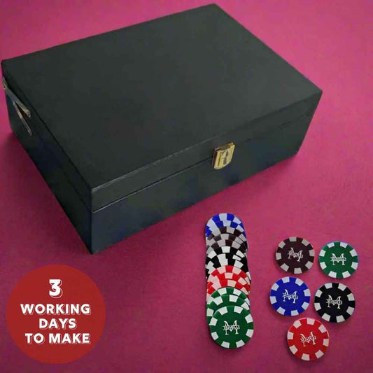 Custom Poker Chips Set in 5 colors Black, Brown, Blue, Green and Red in the set of 100/200/300