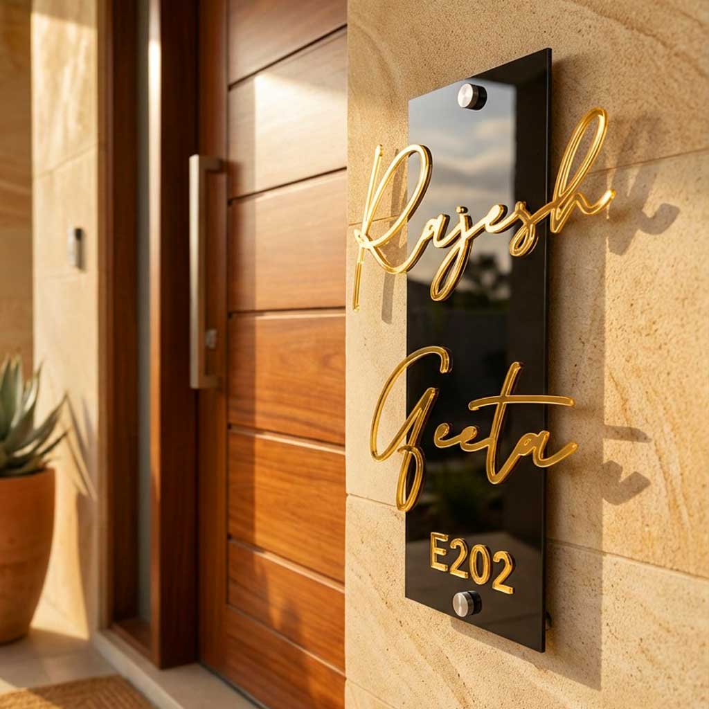 Name Plate for Home | Premium Acrylic Name Plate with Black Base & Golden Initials for Home and Office