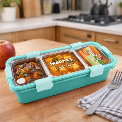 Personalized Stainless Steel Tiffin Box for Kids - 3 Compartment Leak-Proof Lunch Box with Metal Spoon & Cutlery Slot