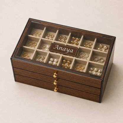 Personalised Wooden Jewellery Box with 3-Tier Storage & Name | Birthday Gift for Women