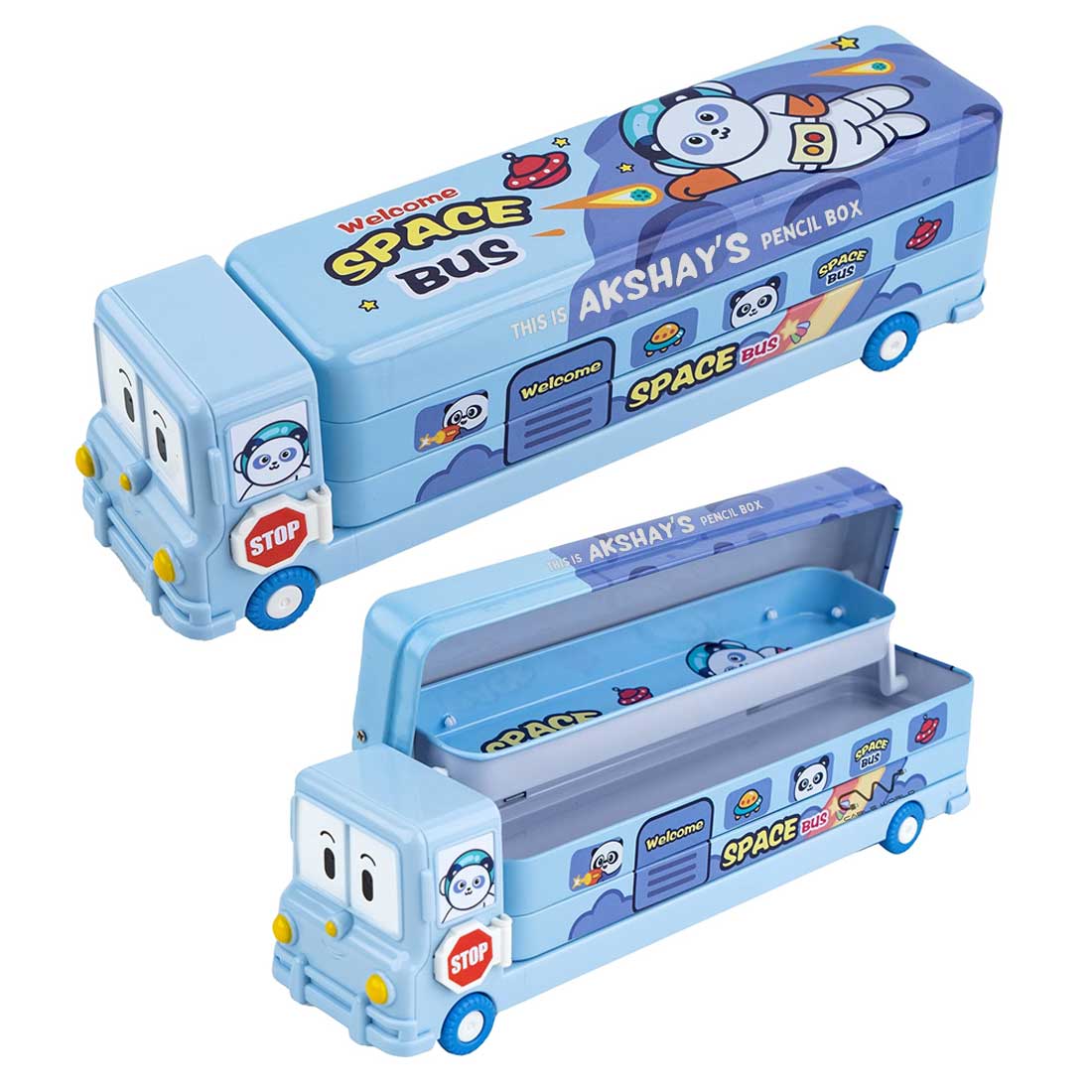 Personalized Bus Pencil Box for Kids - Space Bus with Built-in Sharpener