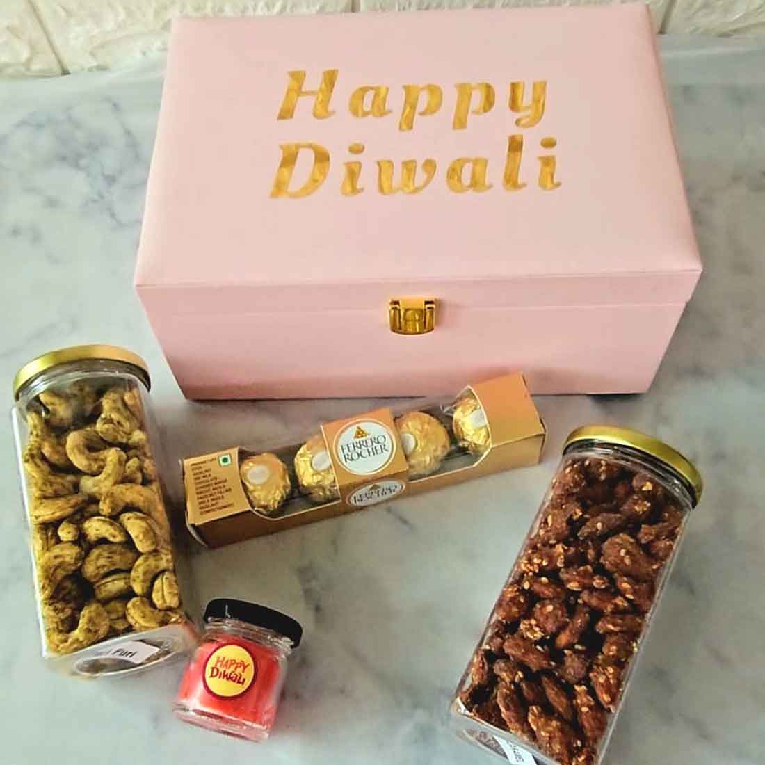 Diwali Gift Box with Custom Silver Coin Hamper Dry Fruits Silver Coin Chocolate & Candle