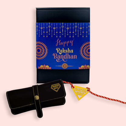 Raksha Bandhan Gift Set for Brother – Super Bro Acrylic Rakhi with Premium Combo, Faux Leather Wallet, Sunglass Holder